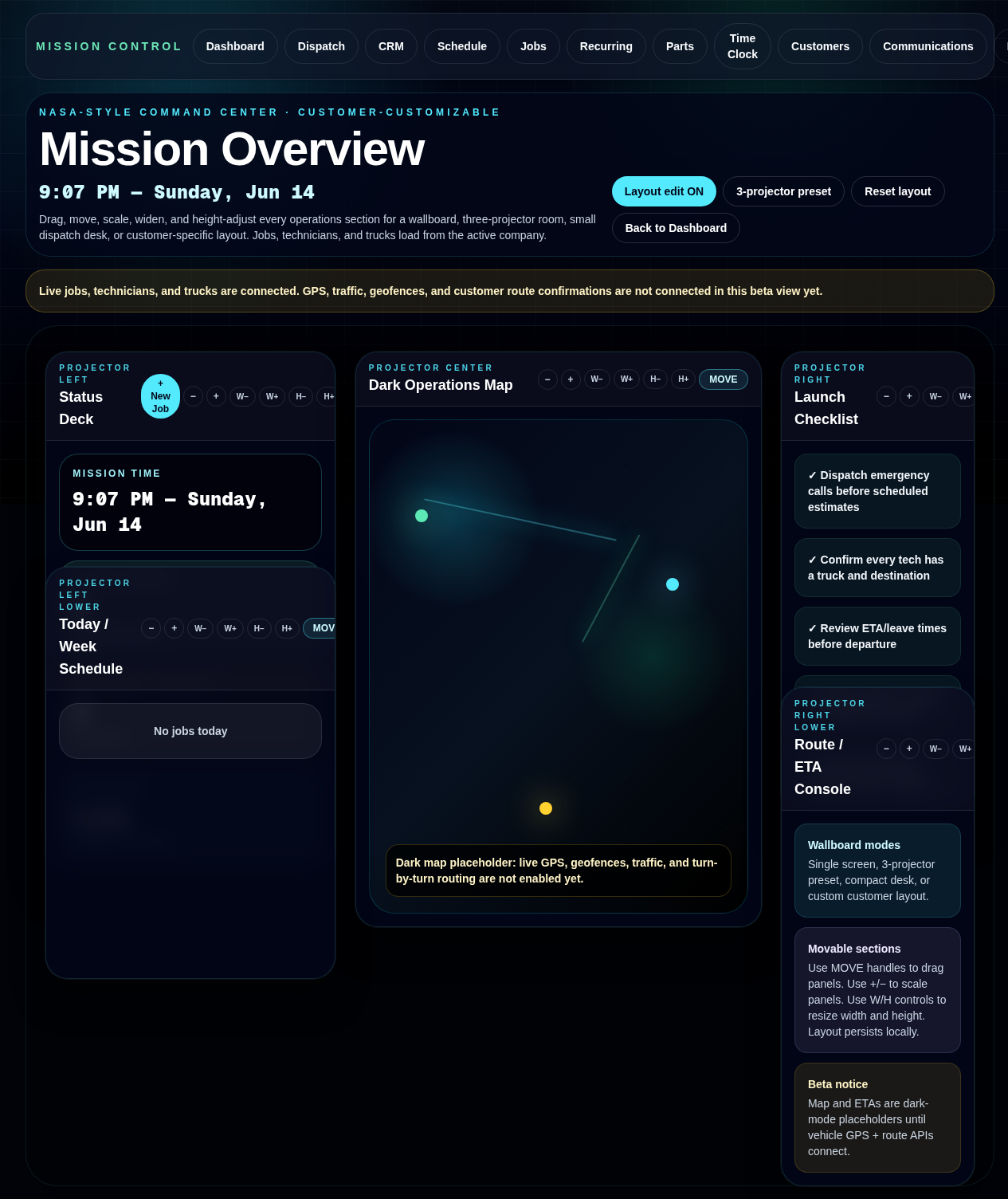 Dispatch Atlas Mission Control — GPS tracking wallboard with live map, status deck, and technician tracking